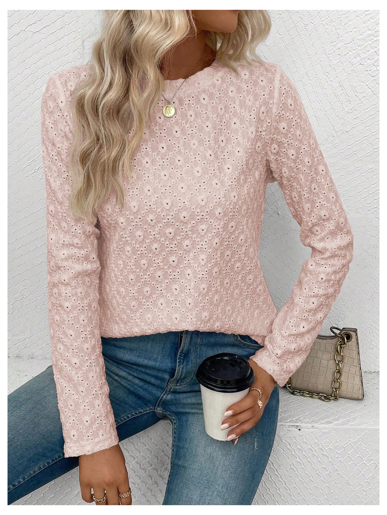 SweatyRocks Women's Eyelet Embroidery Long Sleeve Eyelet Tops