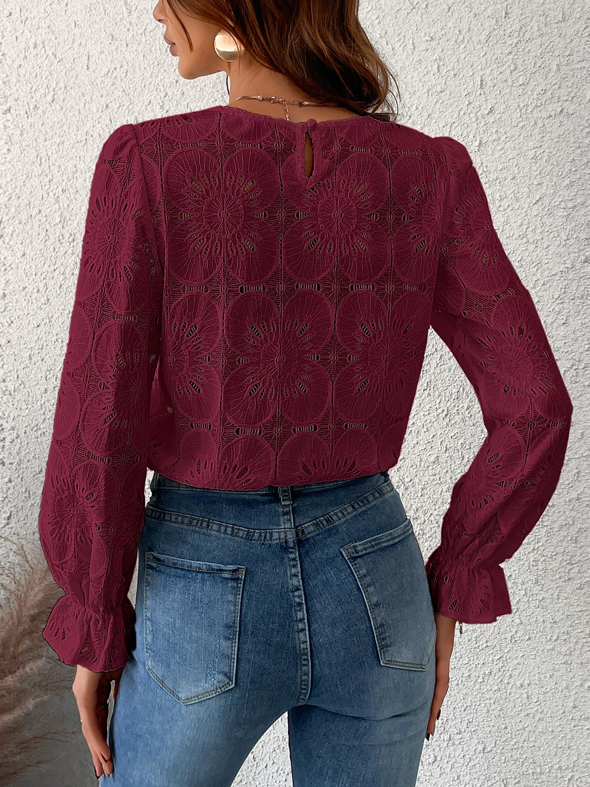 Women Eyelet Long Sleeve Tops