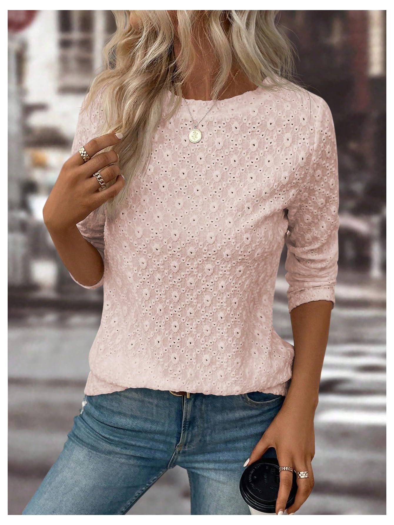 SweatyRocks Women's Eyelet Embroidery Long Sleeve Eyelet Tops