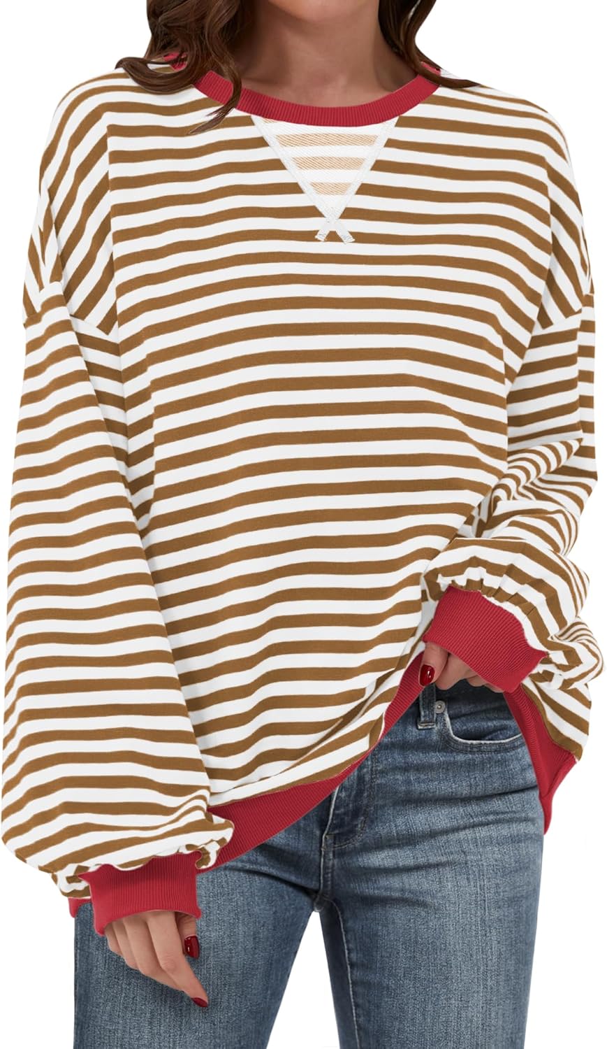 Women Striped Oversized Sweatshirt Long Sleeve Crewneck Shirts 2024 Fall Fashion Pullover Sweater Trendy Clothes