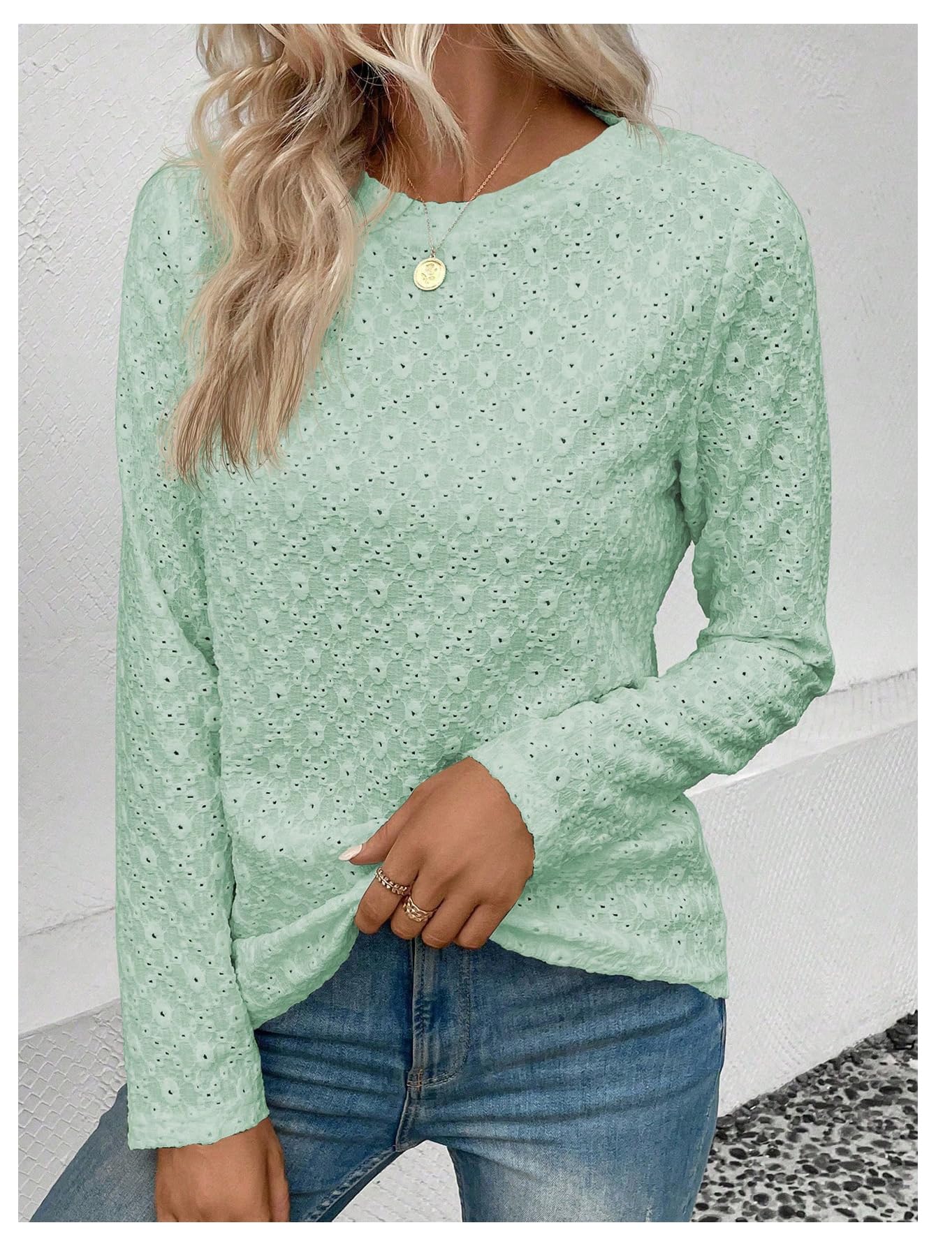 SweatyRocks Women's Eyelet Embroidery Long Sleeve Eyelet Tops