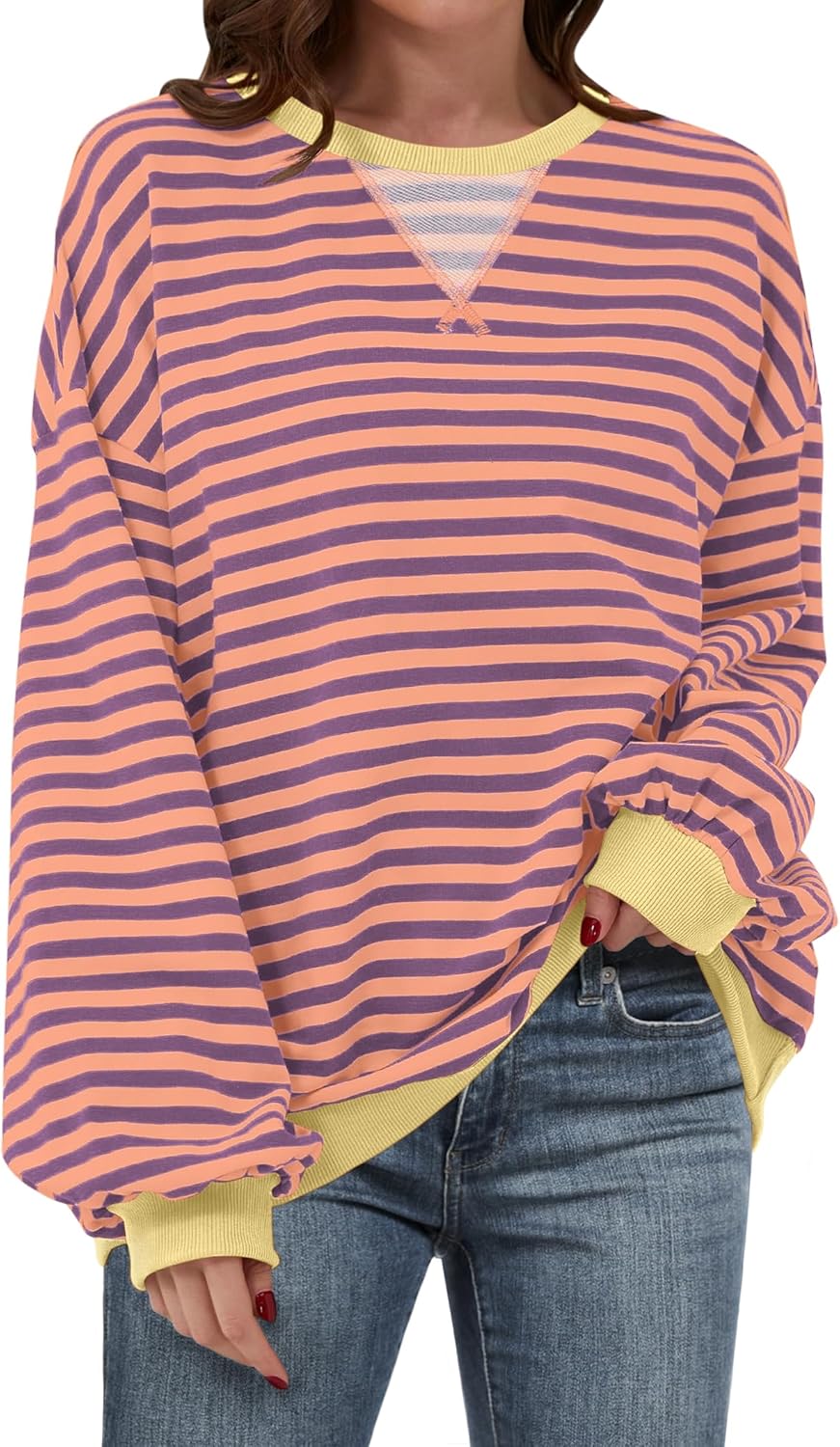 Women Striped Oversized Sweatshirt Long Sleeve Crewneck Shirts 2024 Fall Fashion Pullover Sweater Trendy Clothes