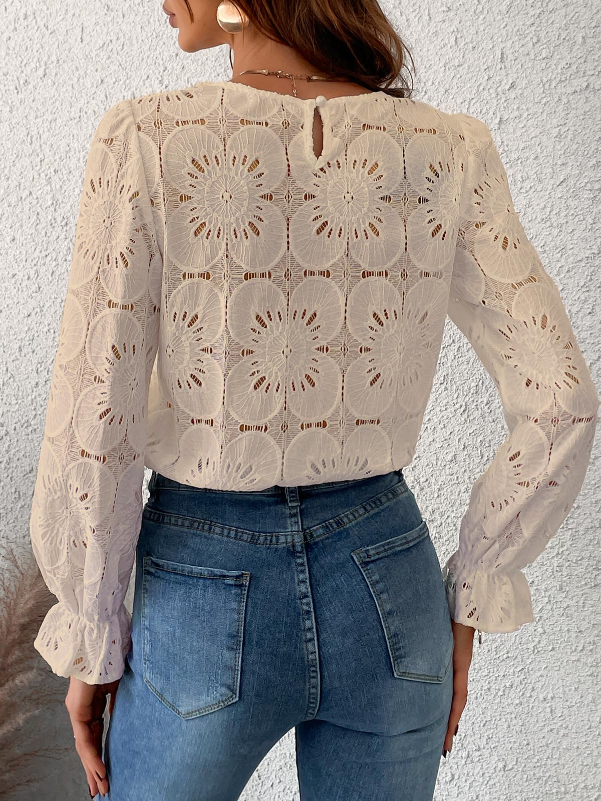 Women Eyelet Long Sleeve Tops