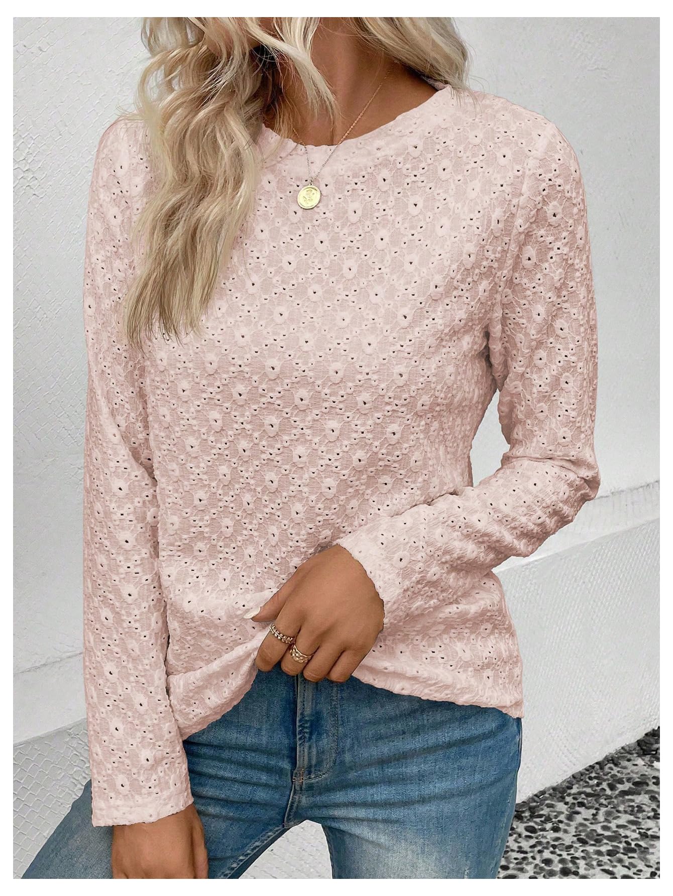 SweatyRocks Women's Eyelet Embroidery Long Sleeve Eyelet Tops