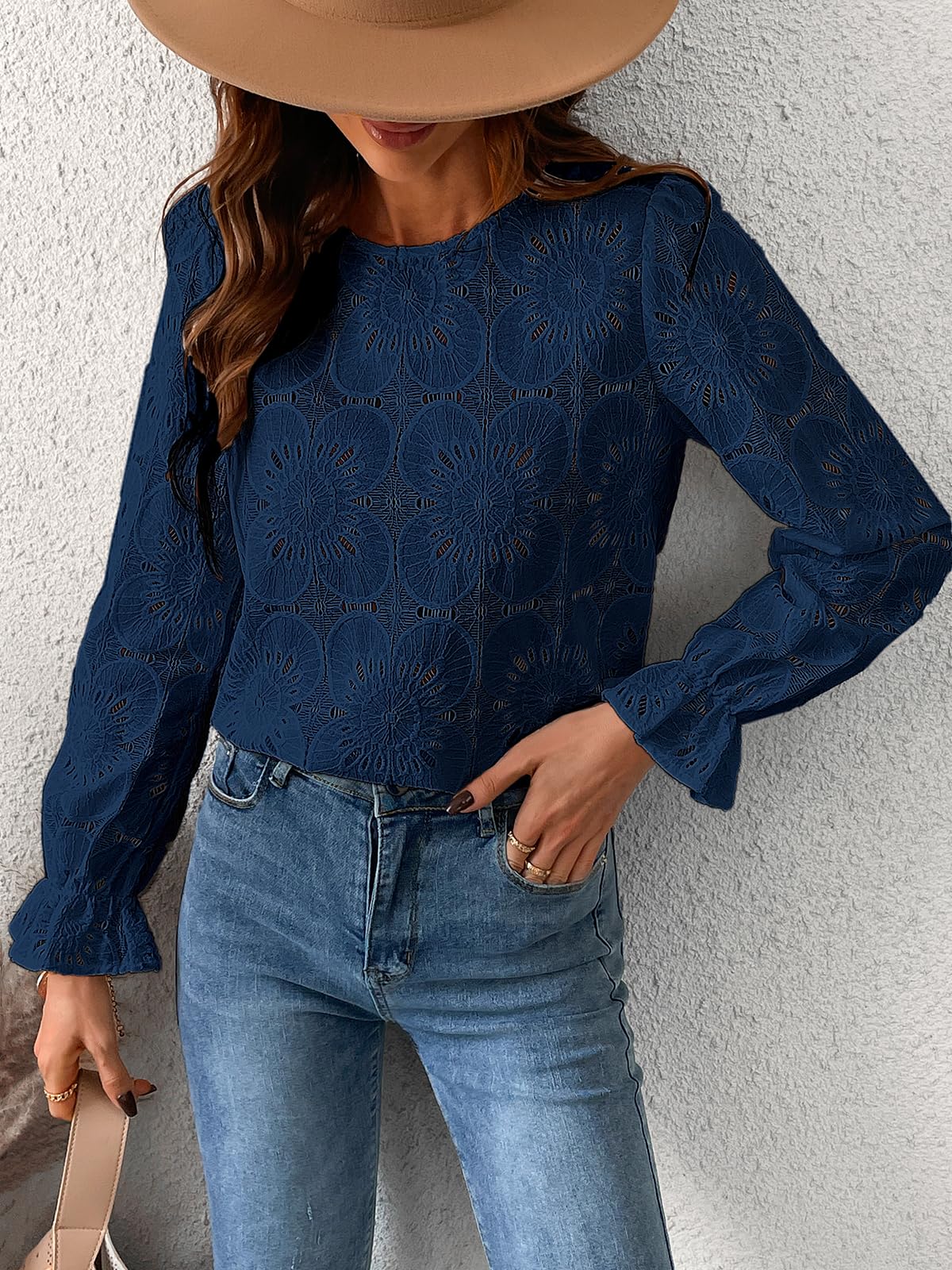Women Eyelet Long Sleeve Tops