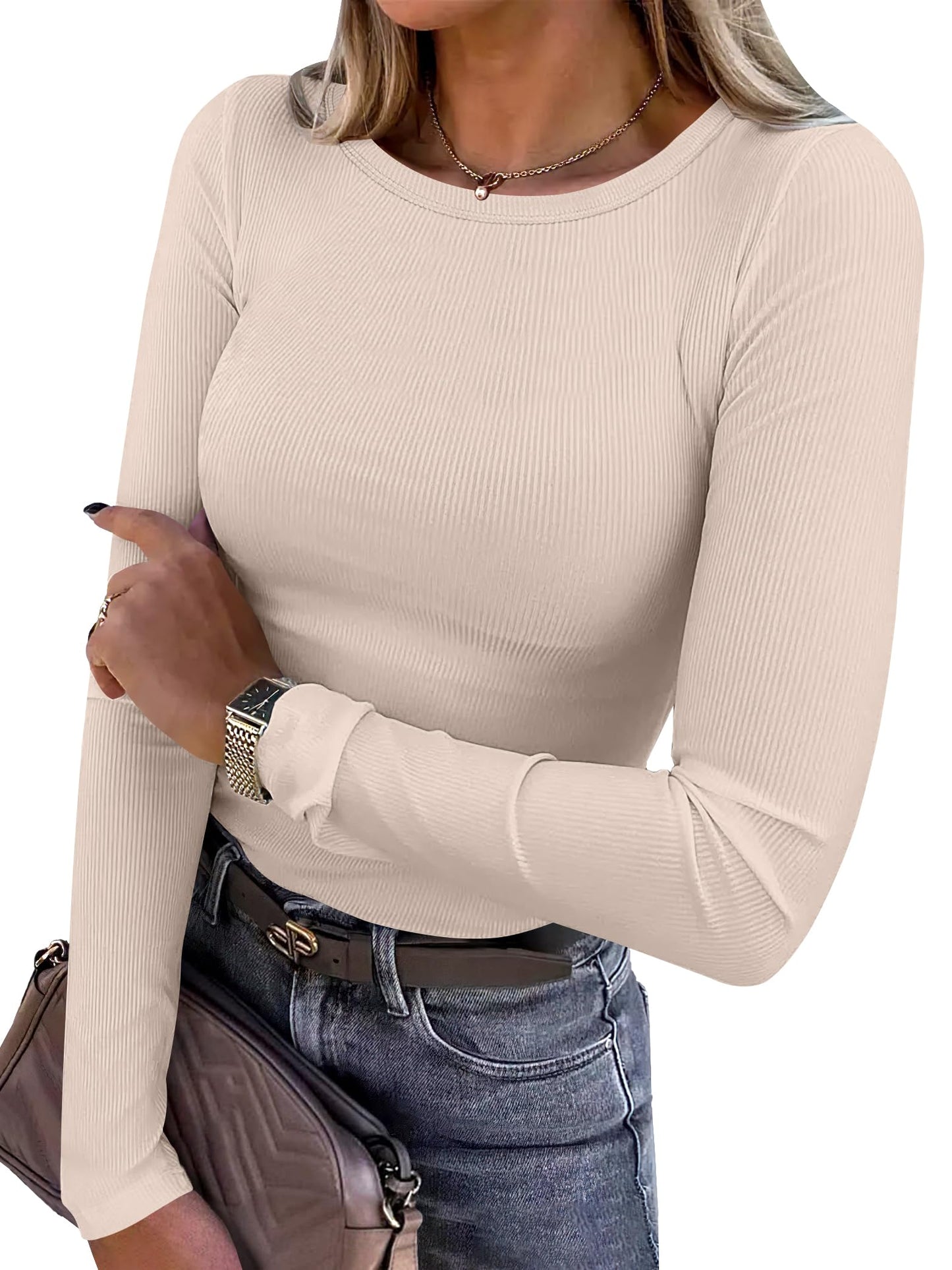 Women Long Sleeve Crewneck Rib Knit Slim Fit Shirts Basic Tee Tops