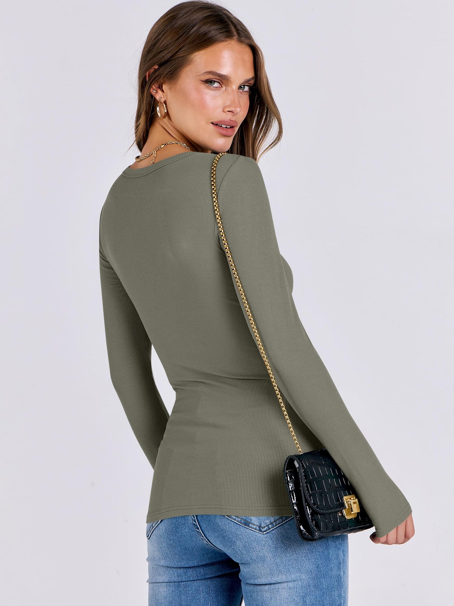 Women Long Sleeve Crewneck Rib Knit Slim Fit Shirts Basic Tee Tops