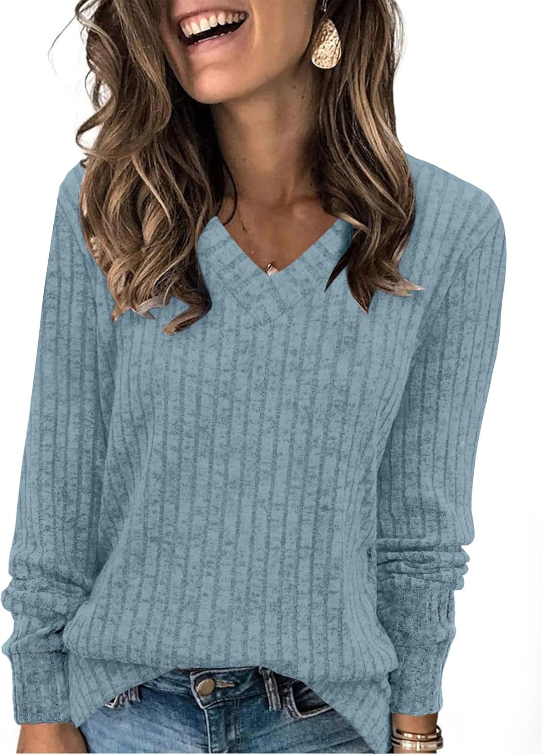 V Neck Long Sleeve Shirts for Women Casual Fall Tops Lightweight Tunic Sweaters Fashion Clothes 2024