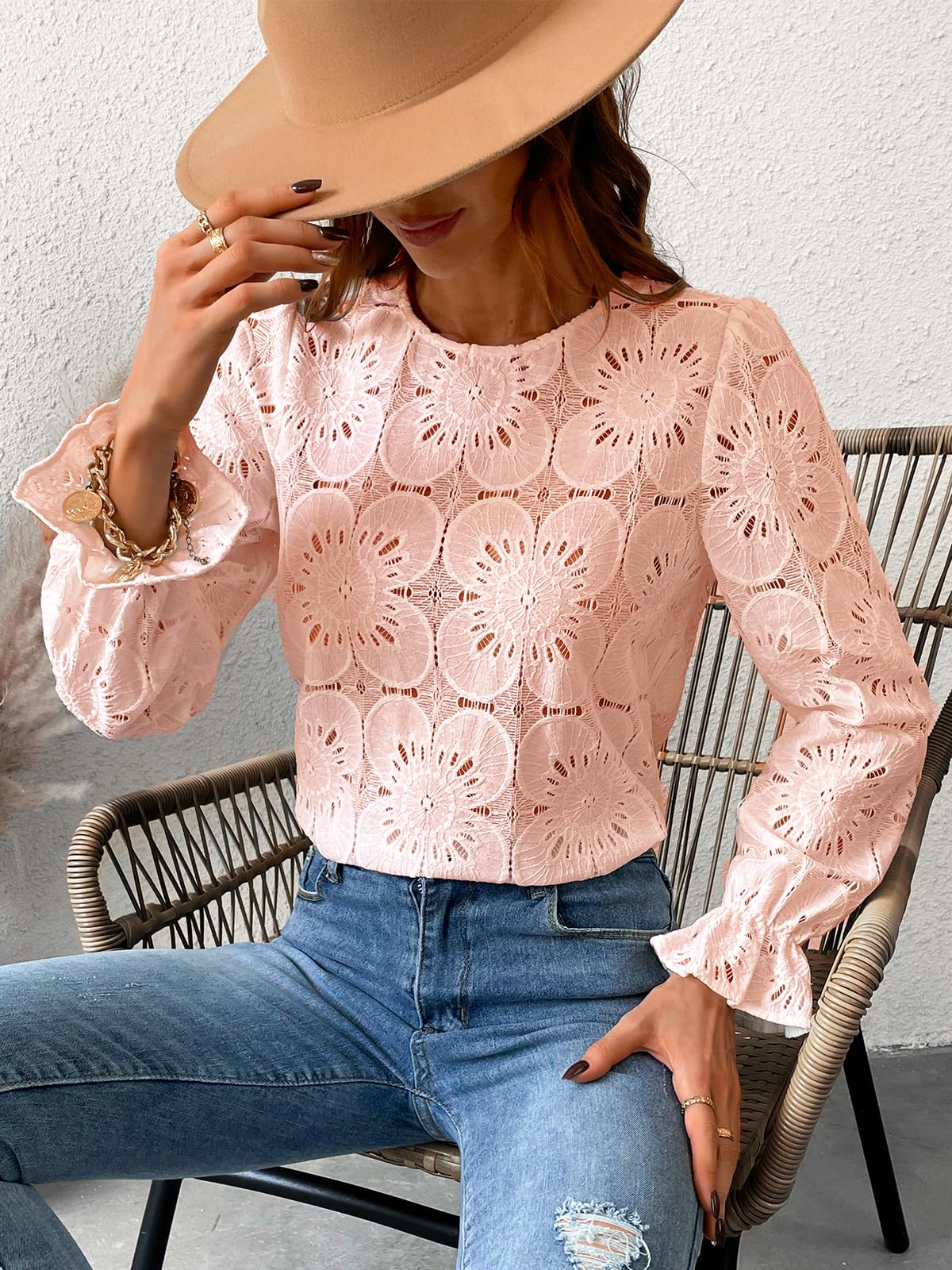Women Eyelet Long Sleeve Tops