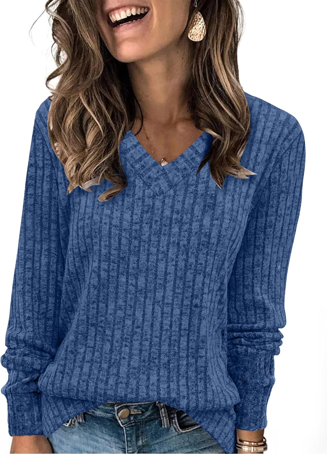 V Neck Long Sleeve Shirts for Women Casual Fall Tops Lightweight Tunic Sweaters Fashion Clothes 2024