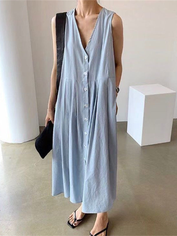 Summer Vintage V-Neck Sleeveless Midi Dress