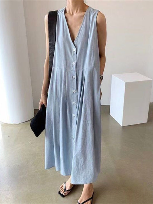 Summer Vintage V-Neck Sleeveless Midi Dress