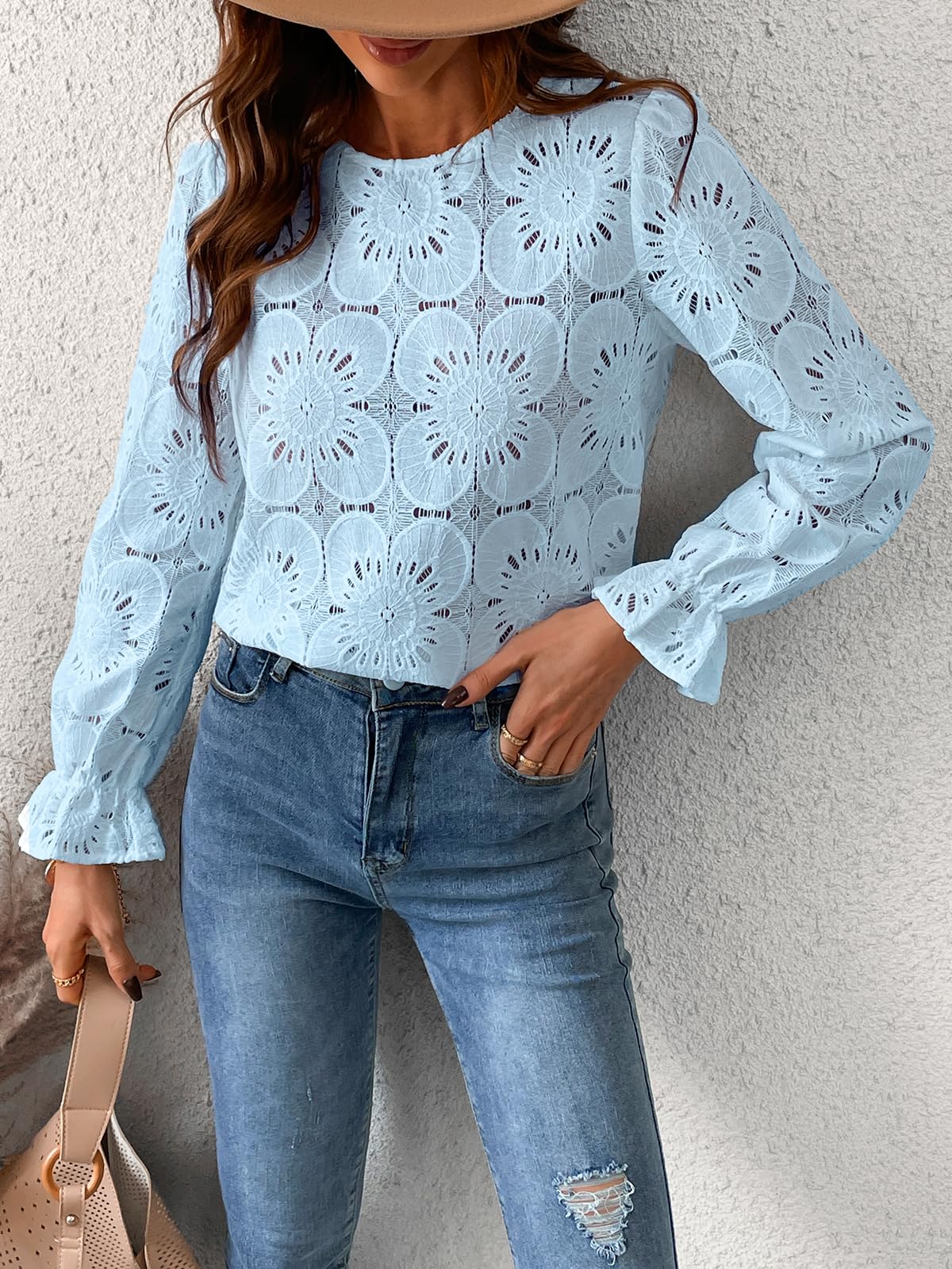 Women Eyelet Long Sleeve Tops
