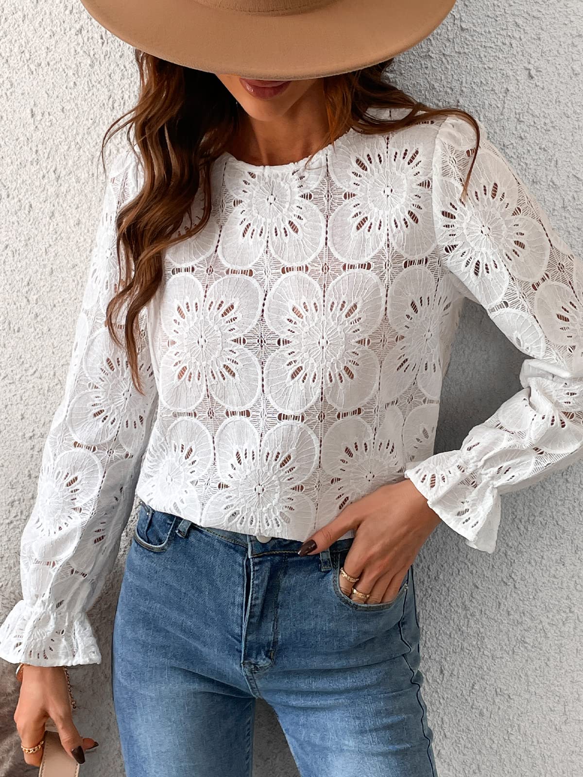 Women Eyelet Long Sleeve Tops