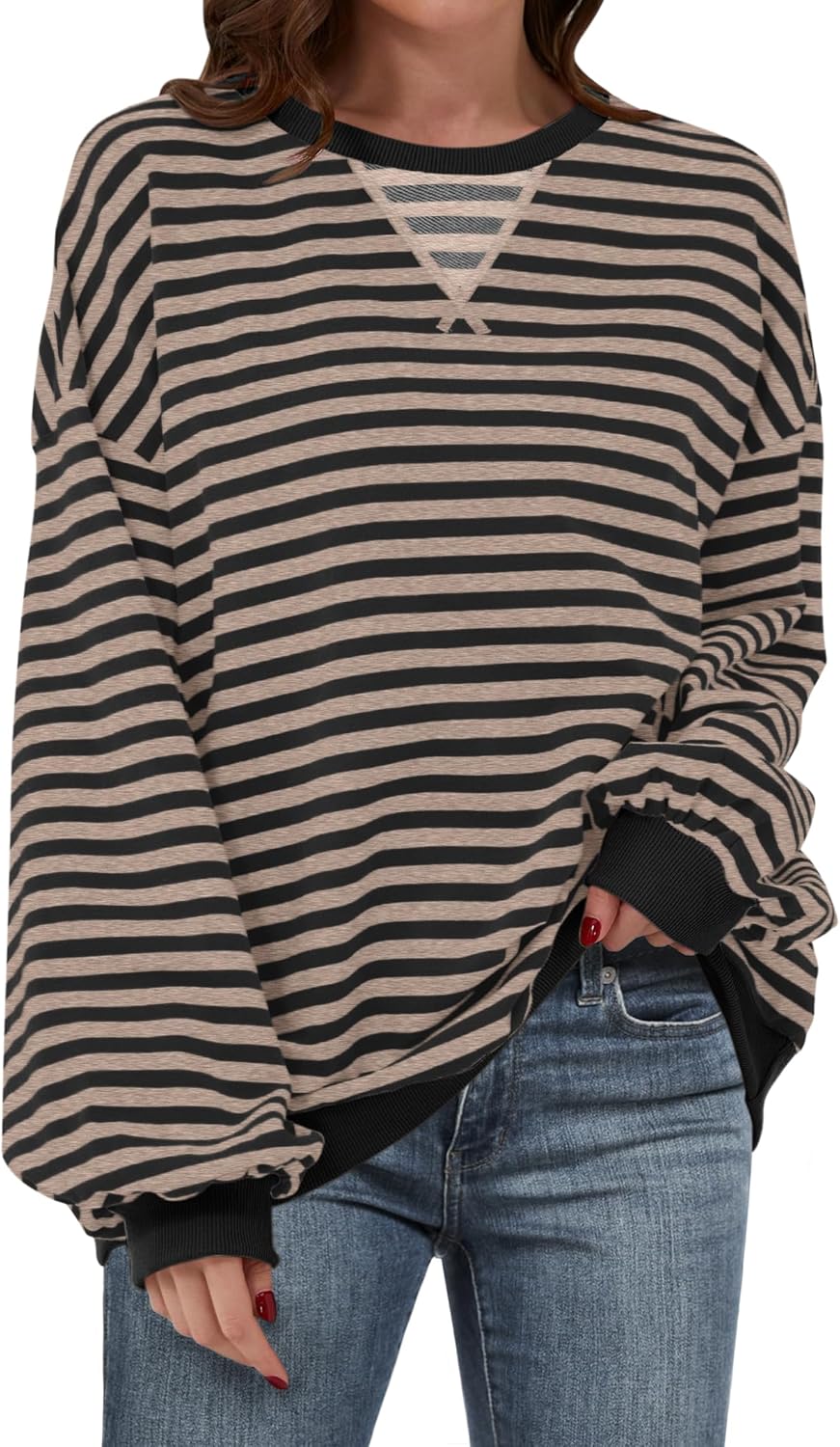 Women Striped Oversized Sweatshirt Long Sleeve Crewneck Shirts 2024 Fall Fashion Pullover Sweater Trendy Clothes