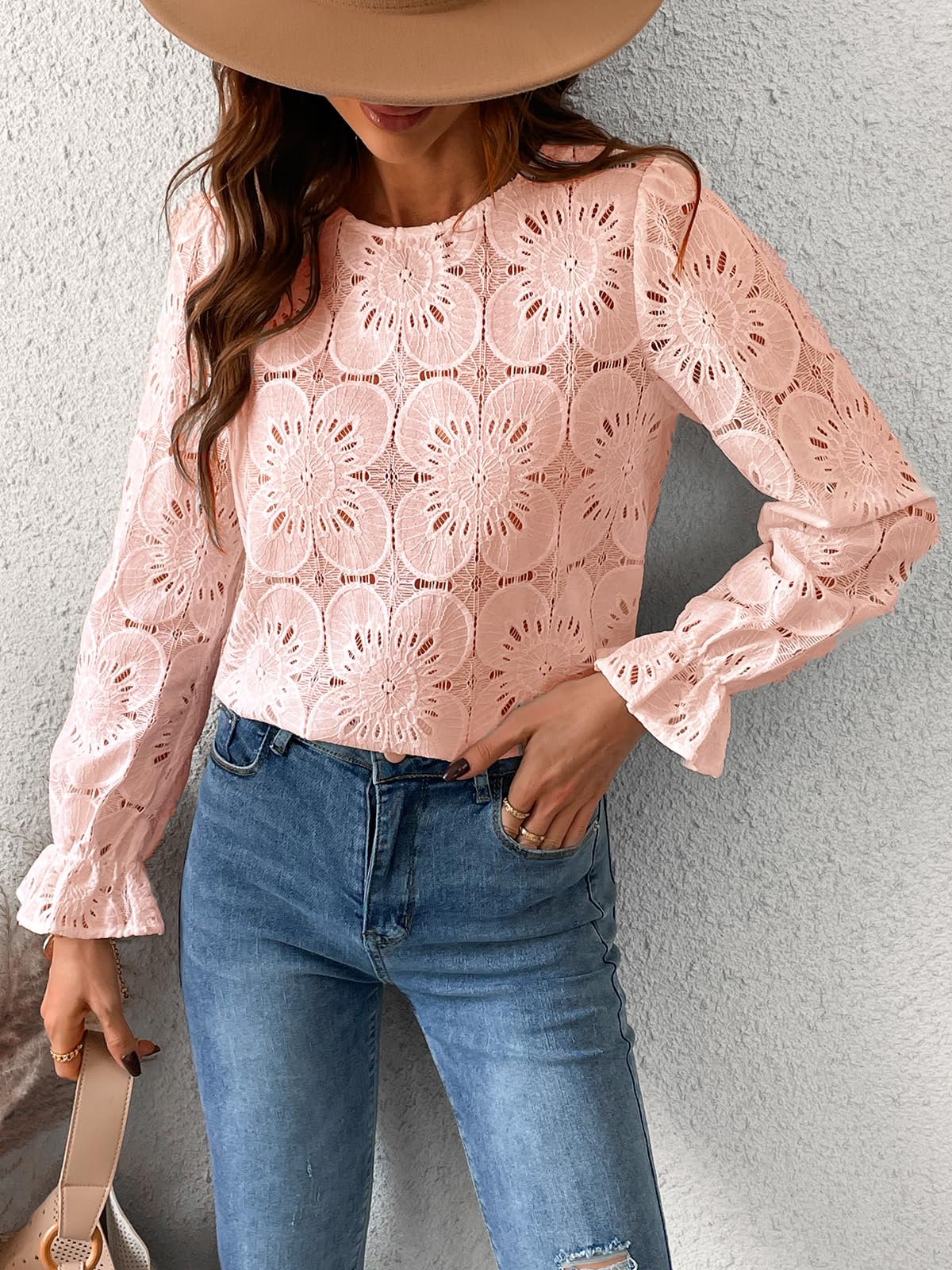 Women Eyelet Long Sleeve Tops