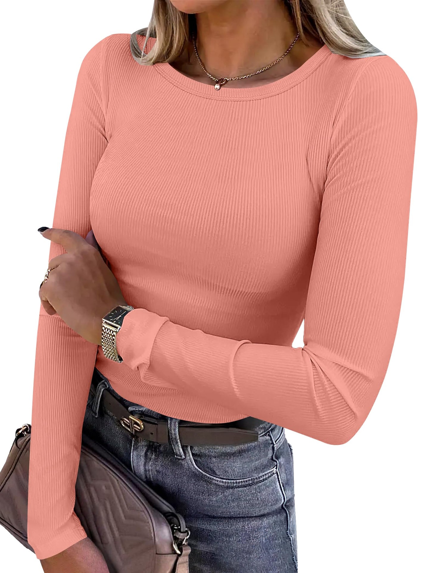 Women Long Sleeve Crewneck Rib Knit Slim Fit Shirts Basic Tee Tops