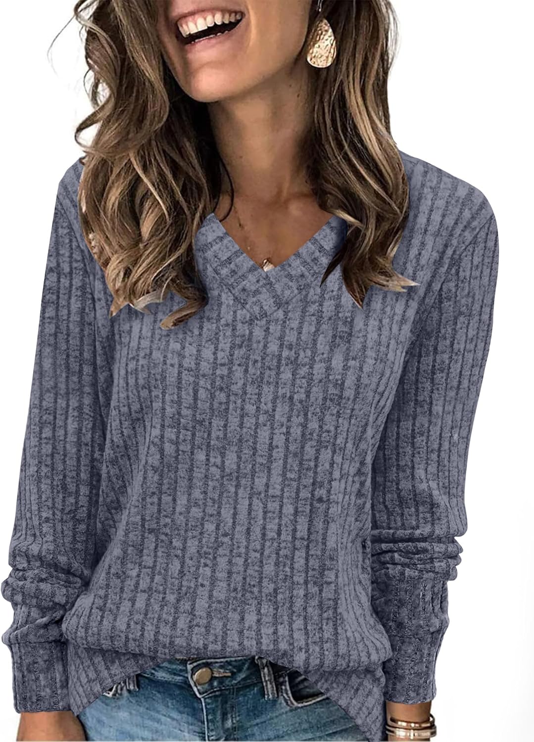 V Neck Long Sleeve Shirts for Women Casual Fall Tops Lightweight Tunic Sweaters Fashion Clothes 2024