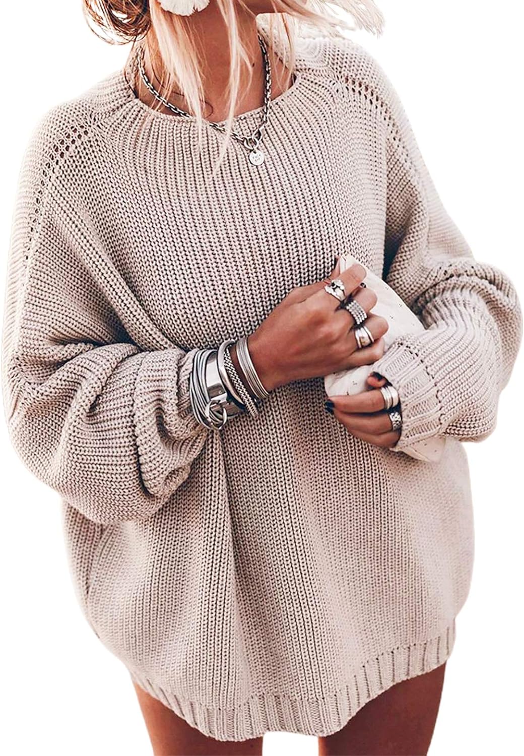 Women's Oversized Sweaters Batwing Sleeve Mock Neck Jumper Tops Chunky Knit Pullover Sweater