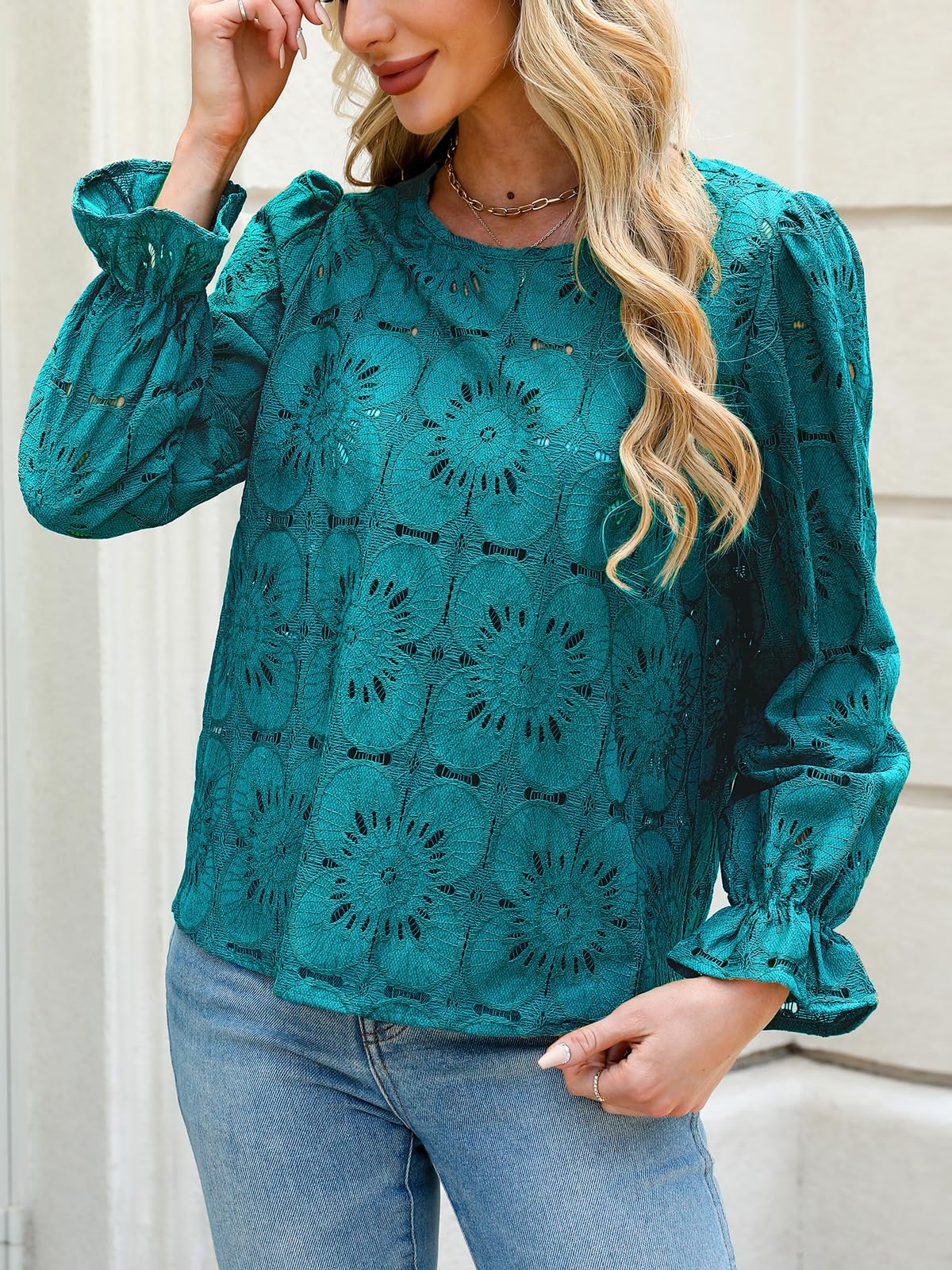 Women Eyelet Long Sleeve Tops