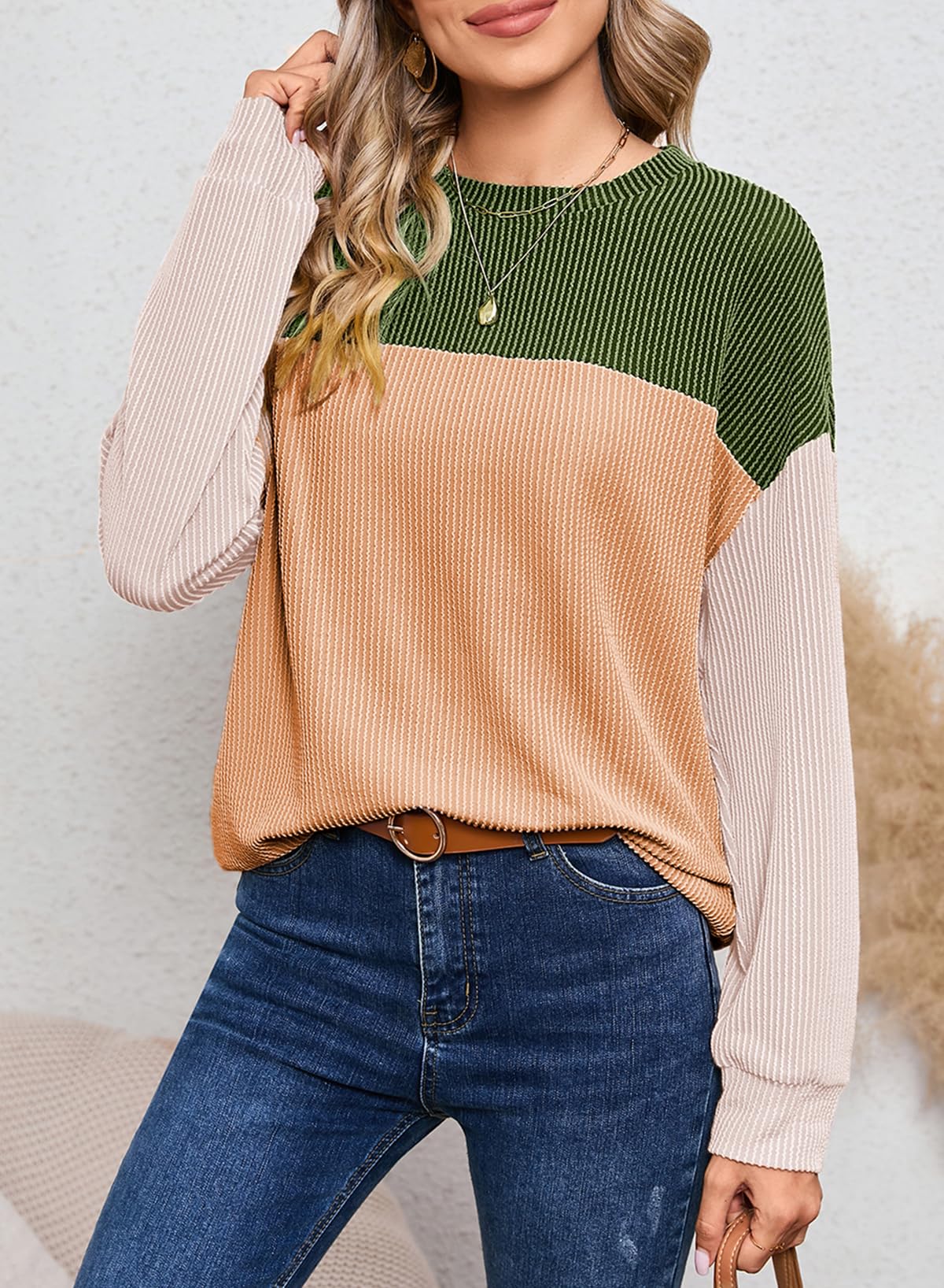 Womens Fashion Long Sleeve Crewneck Knitted Casual Loose Pullover Shirts Tops