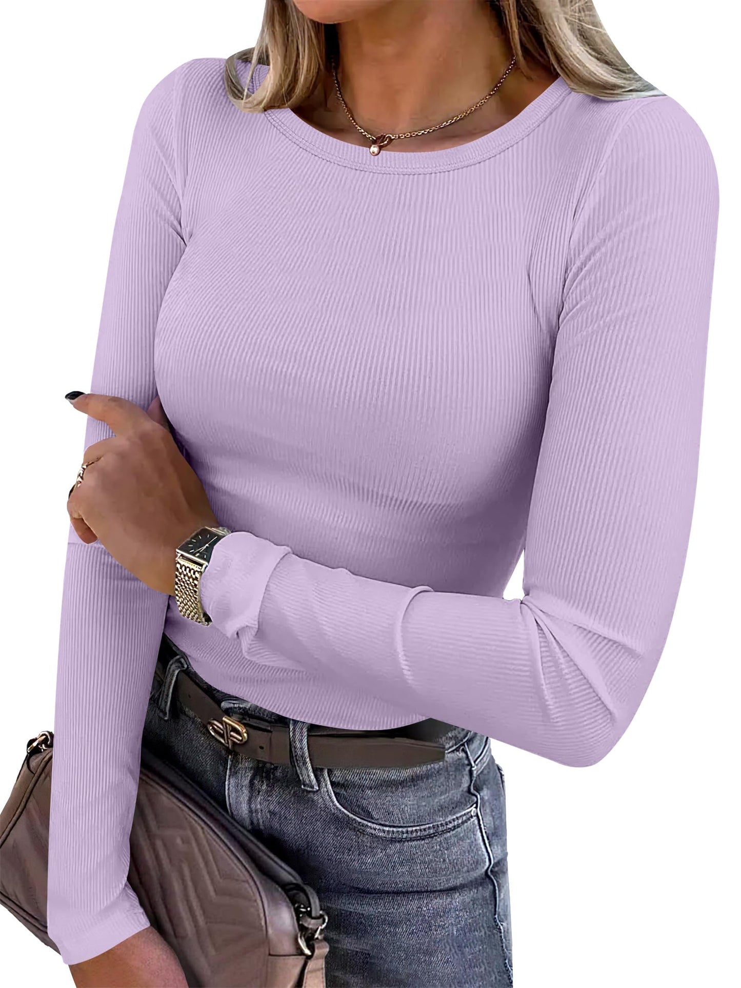 Women Long Sleeve Crewneck Rib Knit Slim Fit Shirts Basic Tee Tops
