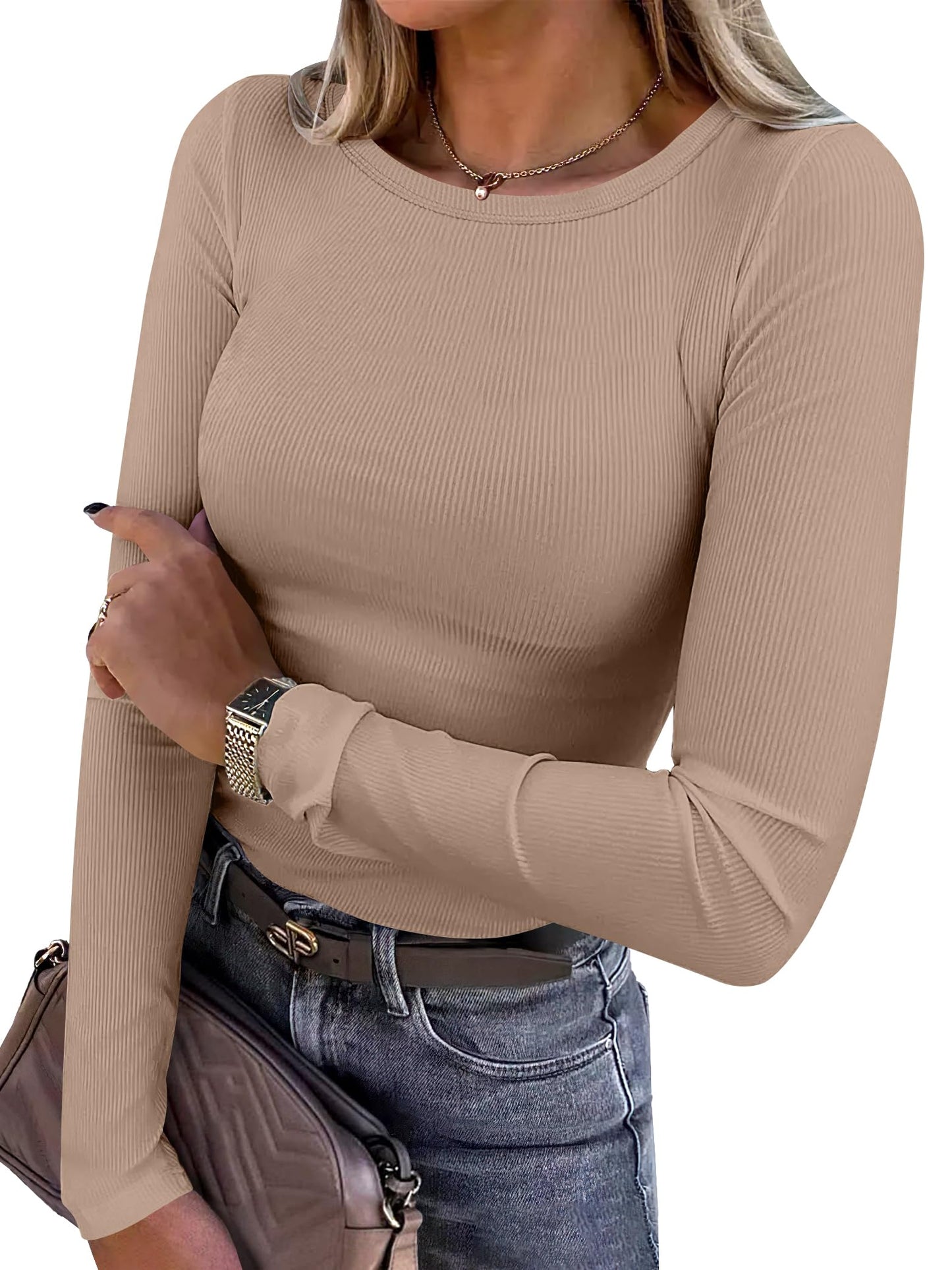 Women Long Sleeve Crewneck Rib Knit Slim Fit Shirts Basic Tee Tops
