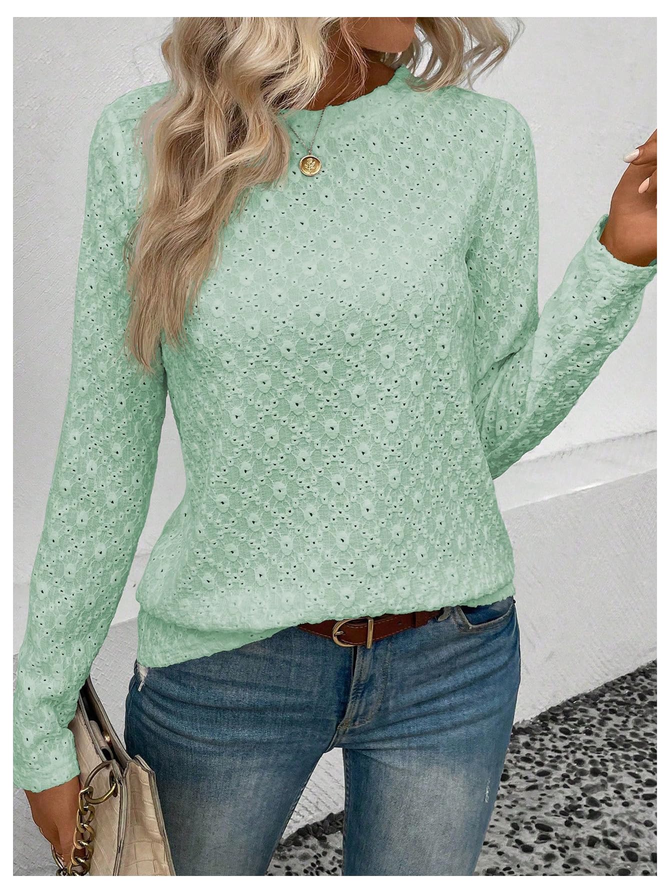 SweatyRocks Women's Eyelet Embroidery Long Sleeve Eyelet Tops