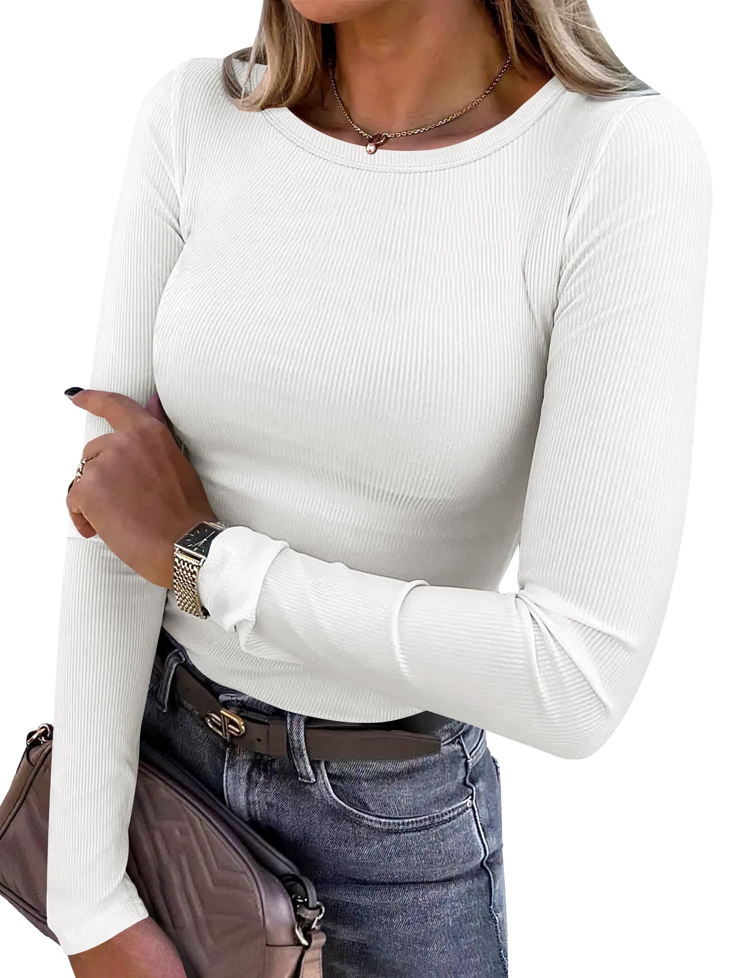Women Long Sleeve Crewneck Rib Knit Slim Fit Shirts Basic Tee Tops