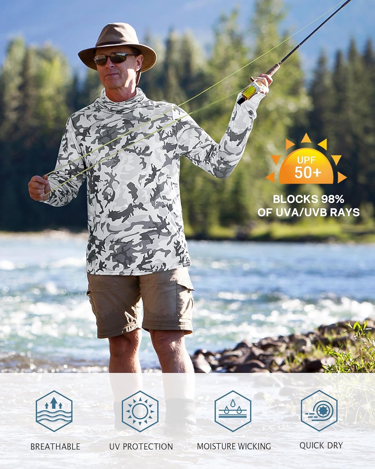 FISHEAL Men's Performance Fishing Hoodie Shirt - UPF 50+ Sun Protection Long Sleeve Thumbholes Shirts with Neck Gaiter