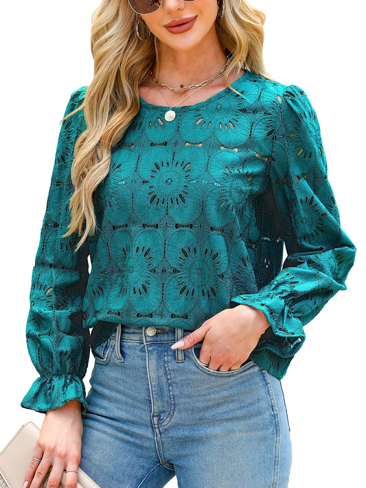 Women Eyelet Long Sleeve Tops