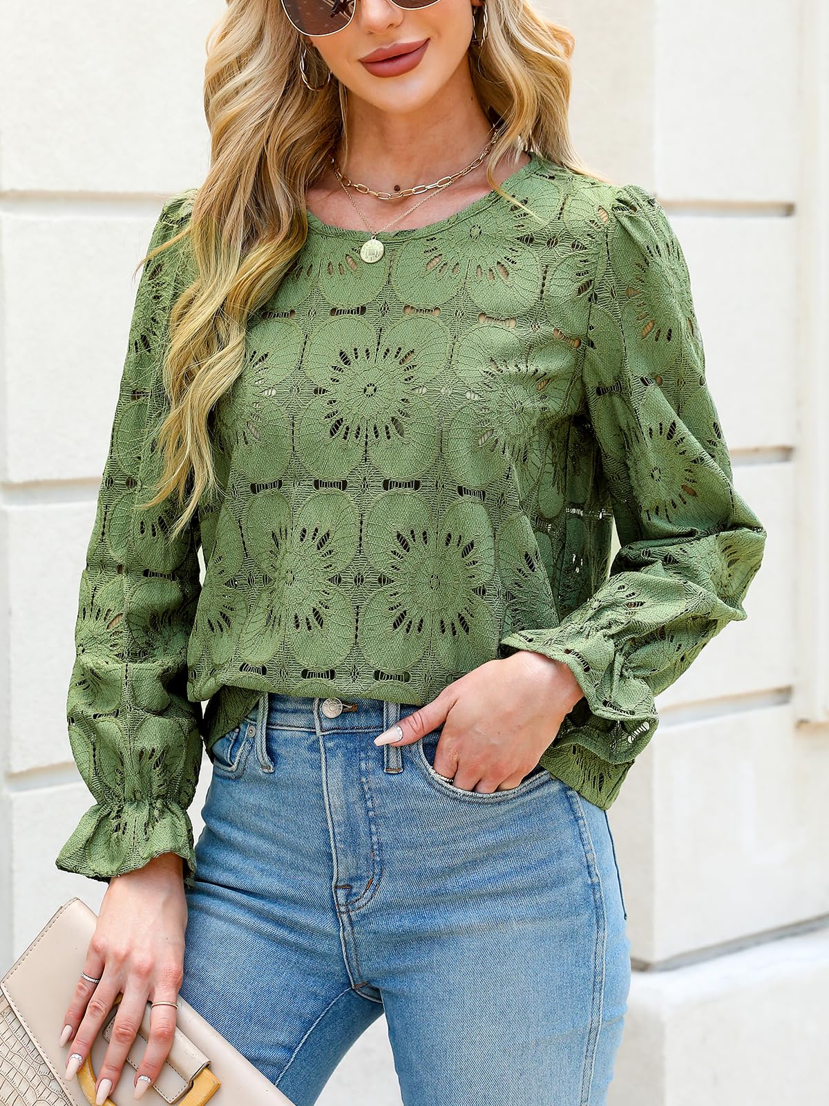 Women Eyelet Long Sleeve Tops