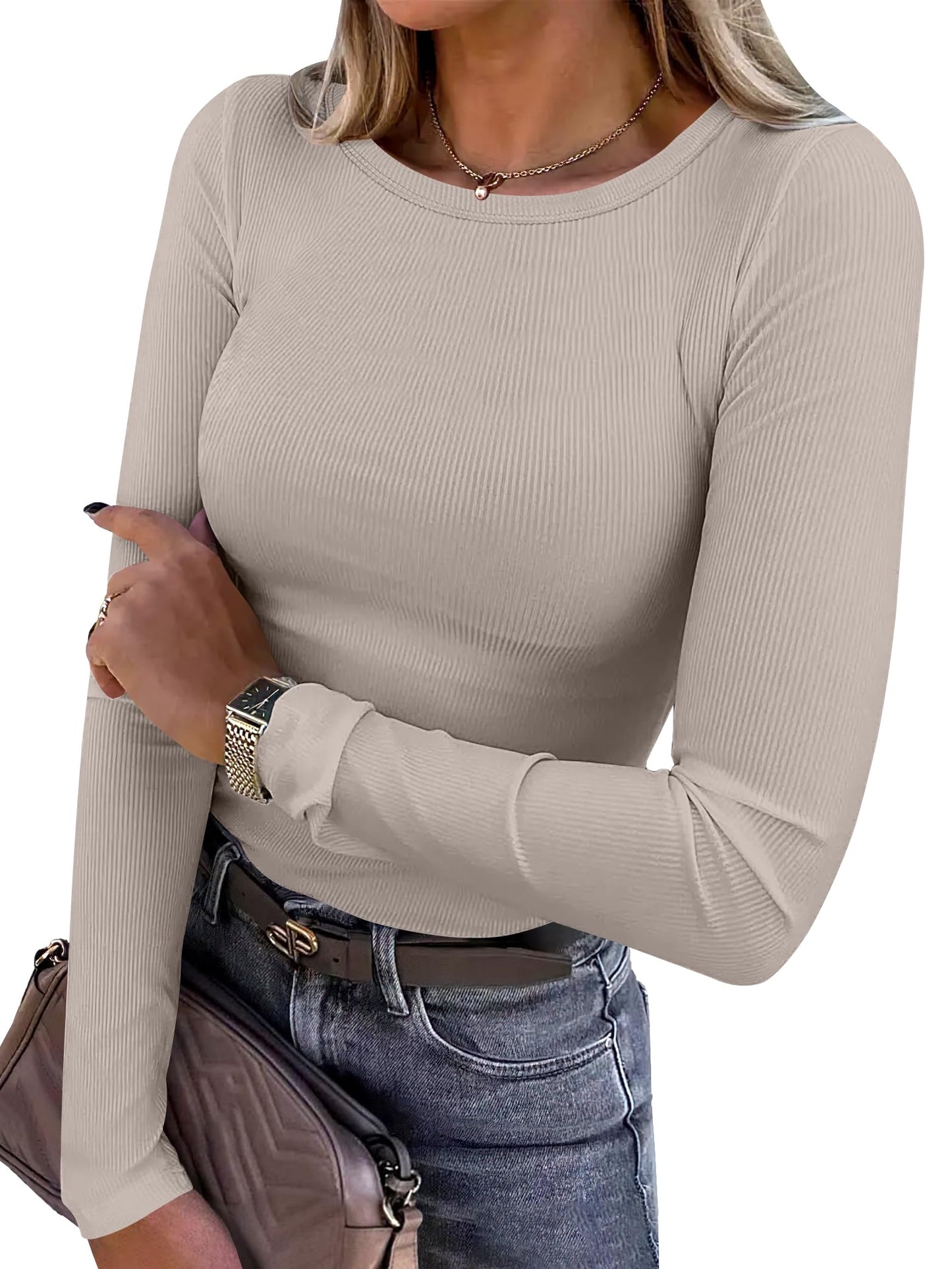 Women Long Sleeve Crewneck Rib Knit Slim Fit Shirts Basic Tee Tops