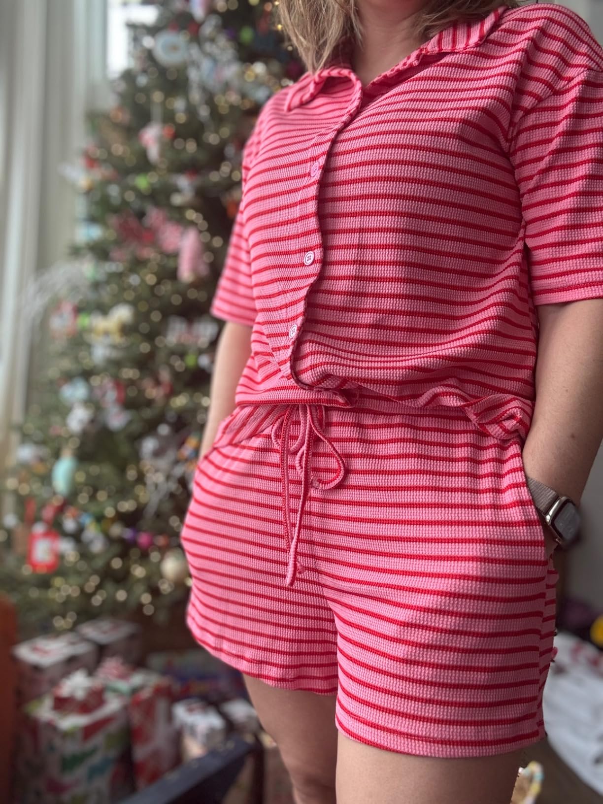 Casual Knitted Striped Short Sleeve Pajama Set (Buy 2 Free Shipping)