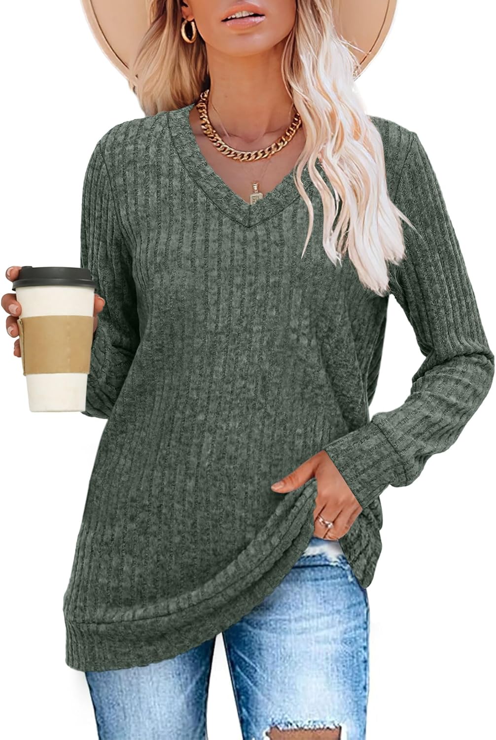 V Neck Long Sleeve Shirts for Women Casual Fall Tops Lightweight Tunic Sweaters Fashion Clothes 2024