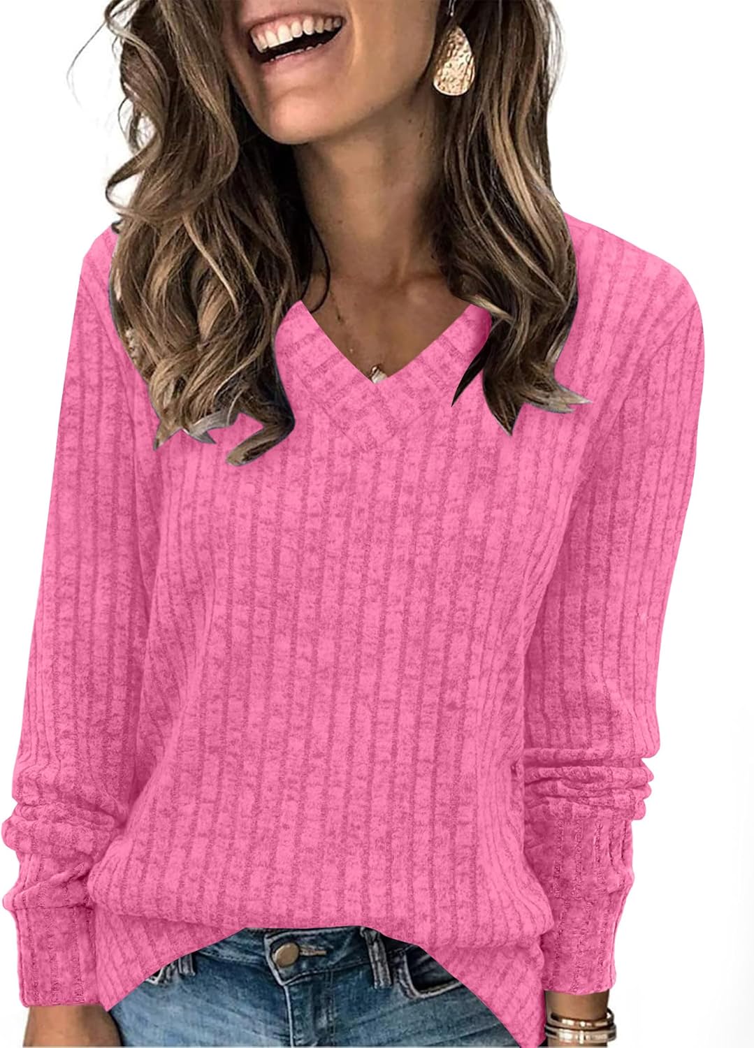 V Neck Long Sleeve Shirts for Women Casual Fall Tops Lightweight Tunic Sweaters Fashion Clothes 2024