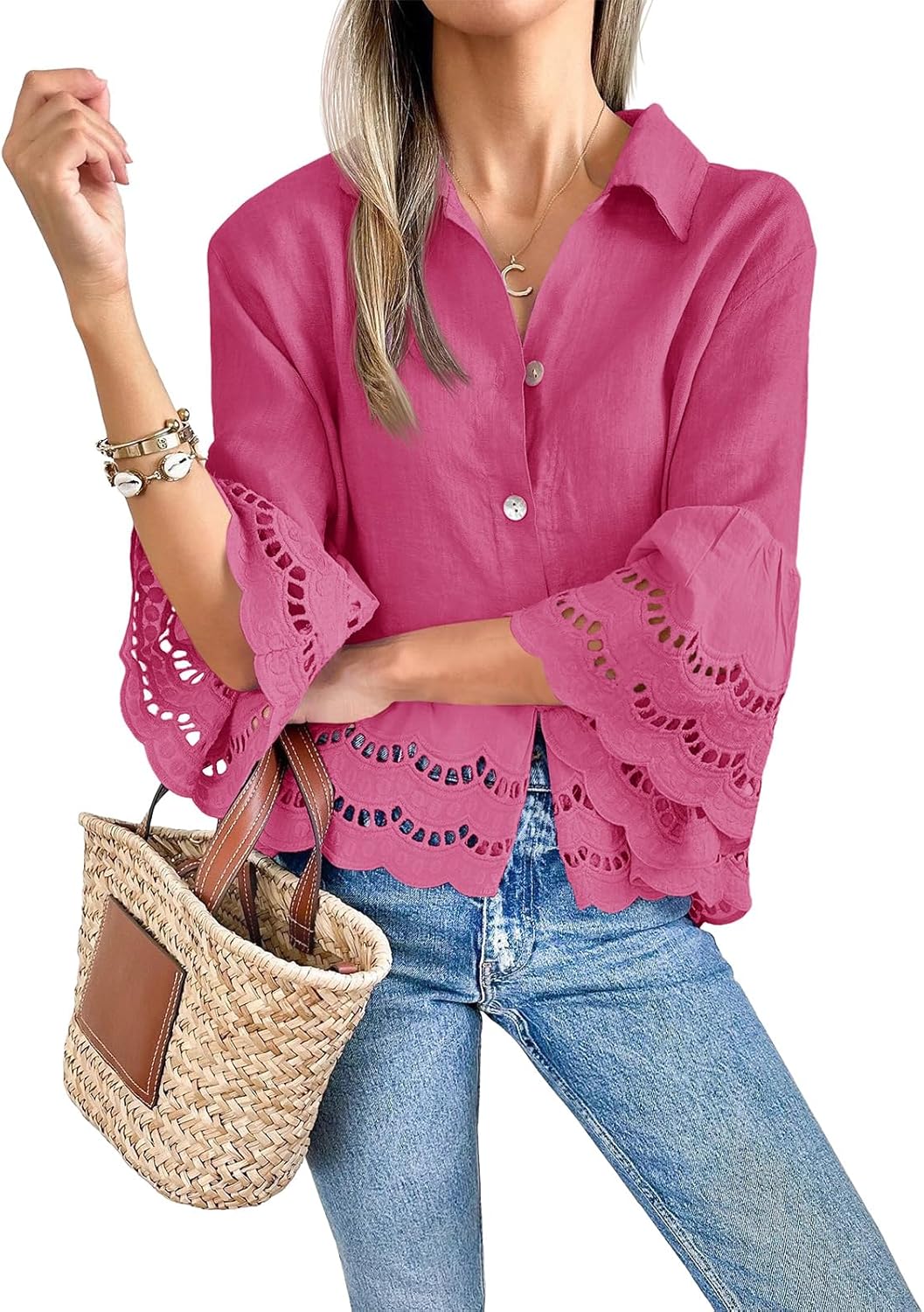 PinkLaura 2025 Women's 3/4 Bell Sleeve Button Down Eyelet Blouse (Buy 2 Free Shipping）