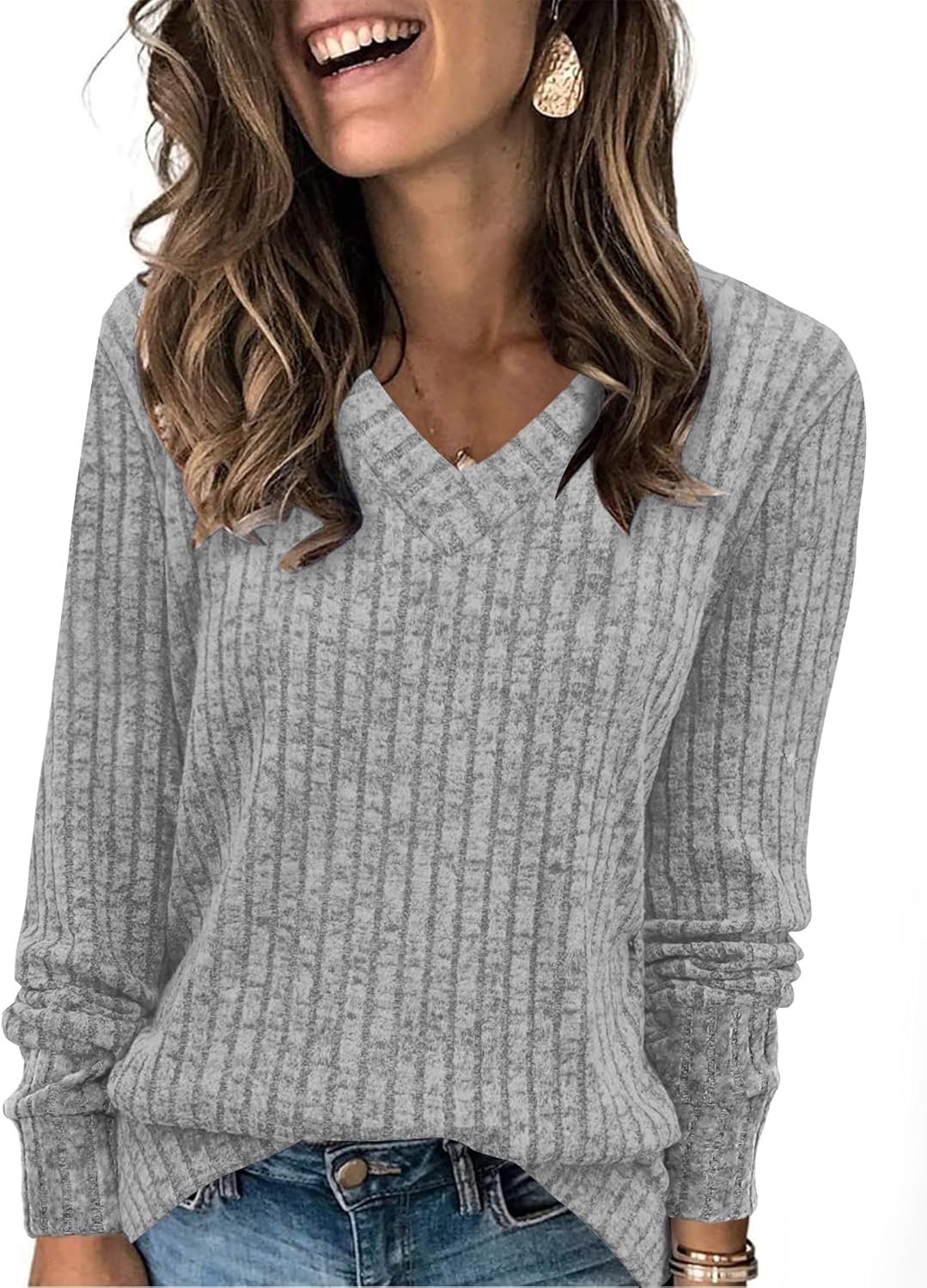 V Neck Long Sleeve Shirts for Women Casual Fall Tops Lightweight Tunic Sweaters Fashion Clothes 2024