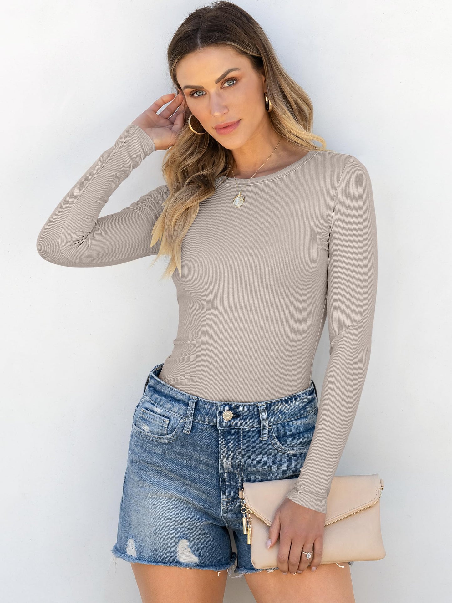 Women Long Sleeve Crewneck Rib Knit Slim Fit Shirts Basic Tee Tops