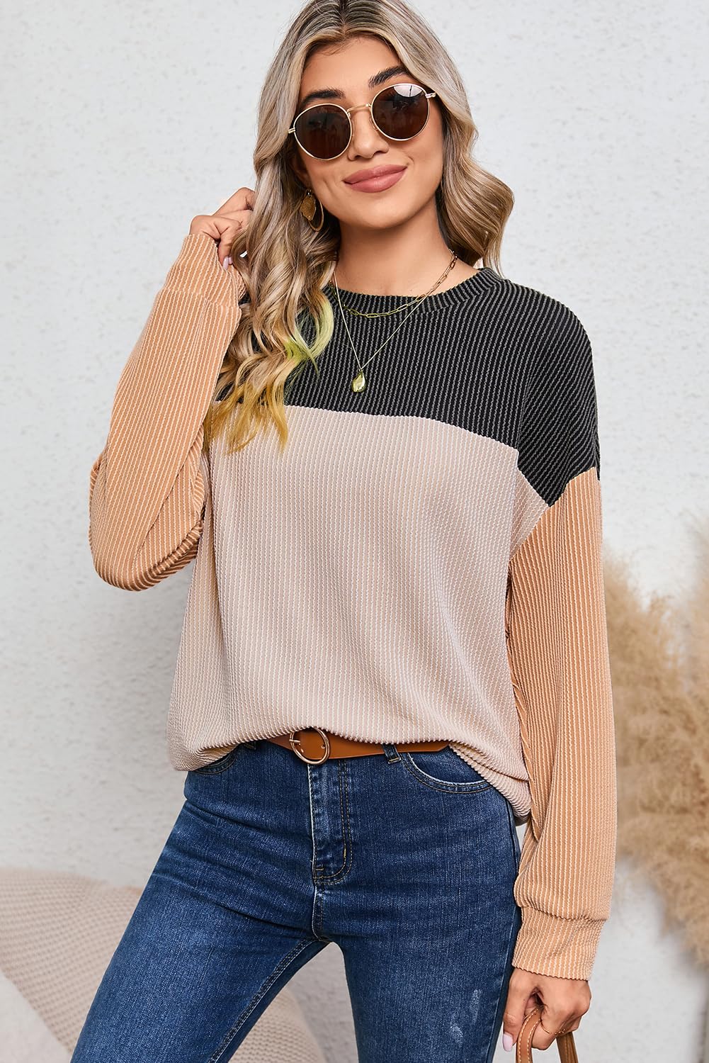 Womens Fashion Long Sleeve Crewneck Knitted Casual Loose Pullover Shirts Tops