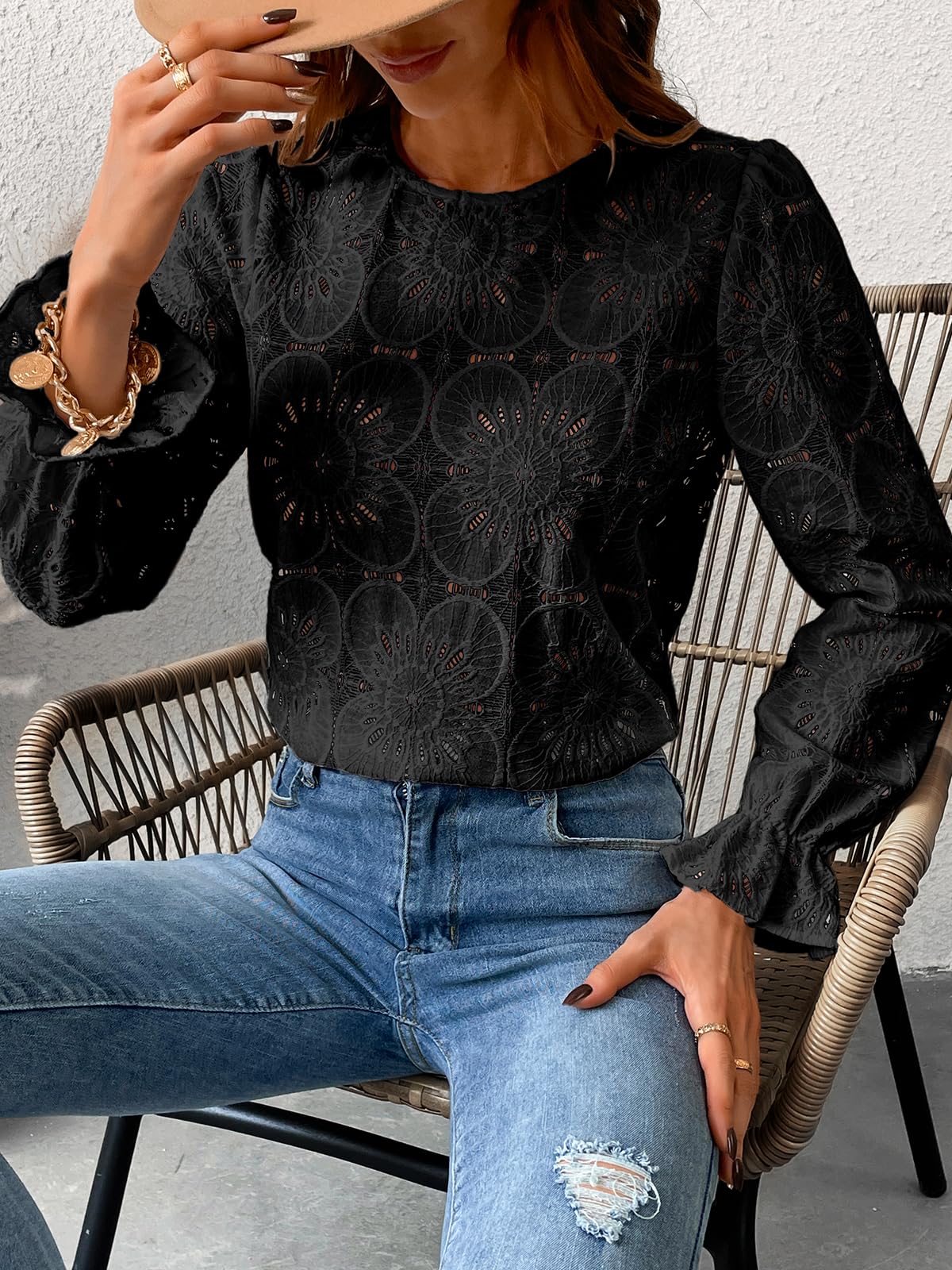 Women Eyelet Long Sleeve Tops