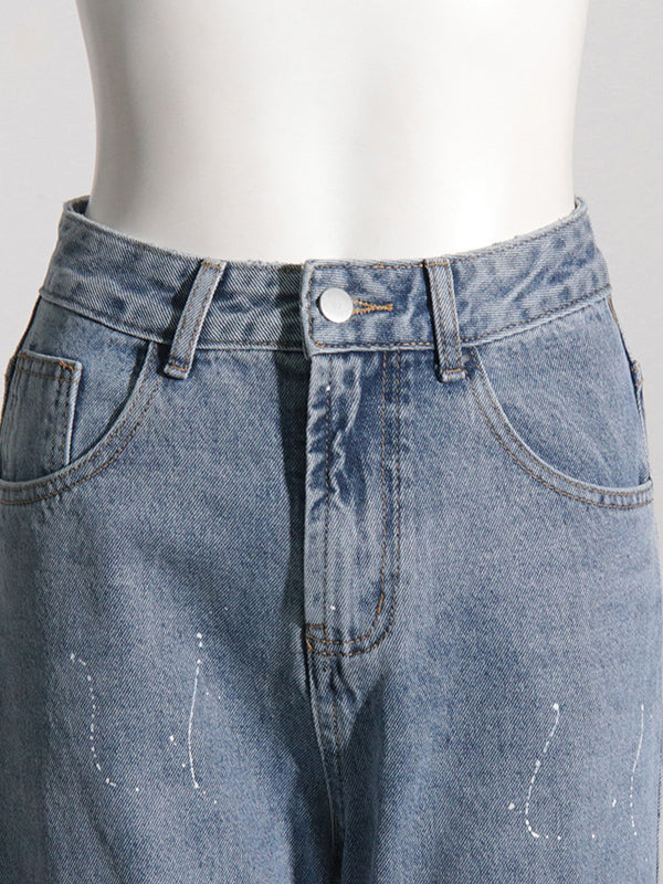 High Waisted Loose Belt Buckle Split-Joint Jean Pants Bottoms