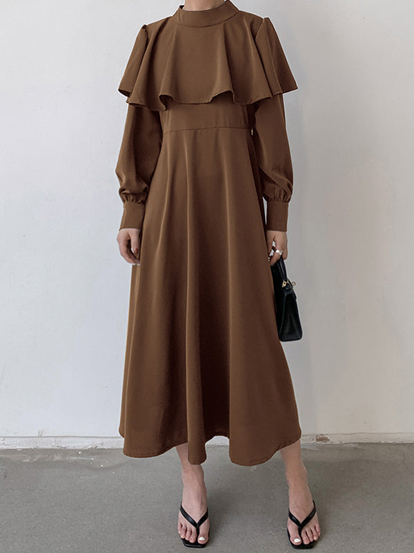 A-Line Long Sleeves Ruffle Trim Solid Color Tied Waist Mock Neck Midi Dresses
