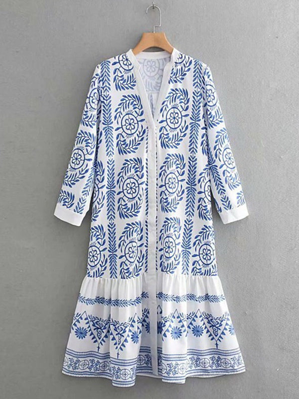 Long Sleeves Loose Leaves Print Printed Stand Collar Midi Dresses