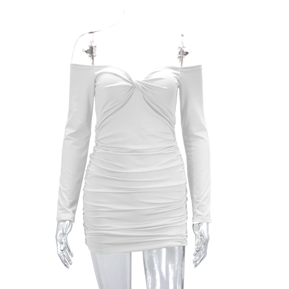 Women's clothing European and American sexy pleated off-neck long sleeve ladies dress