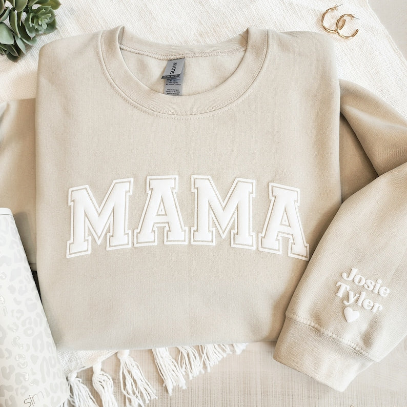 Mama Keepsake Sweatshirt with Puff .LetteringPersonalized Kid Names on Sleeve, Mama Sweater, New Mom Gift