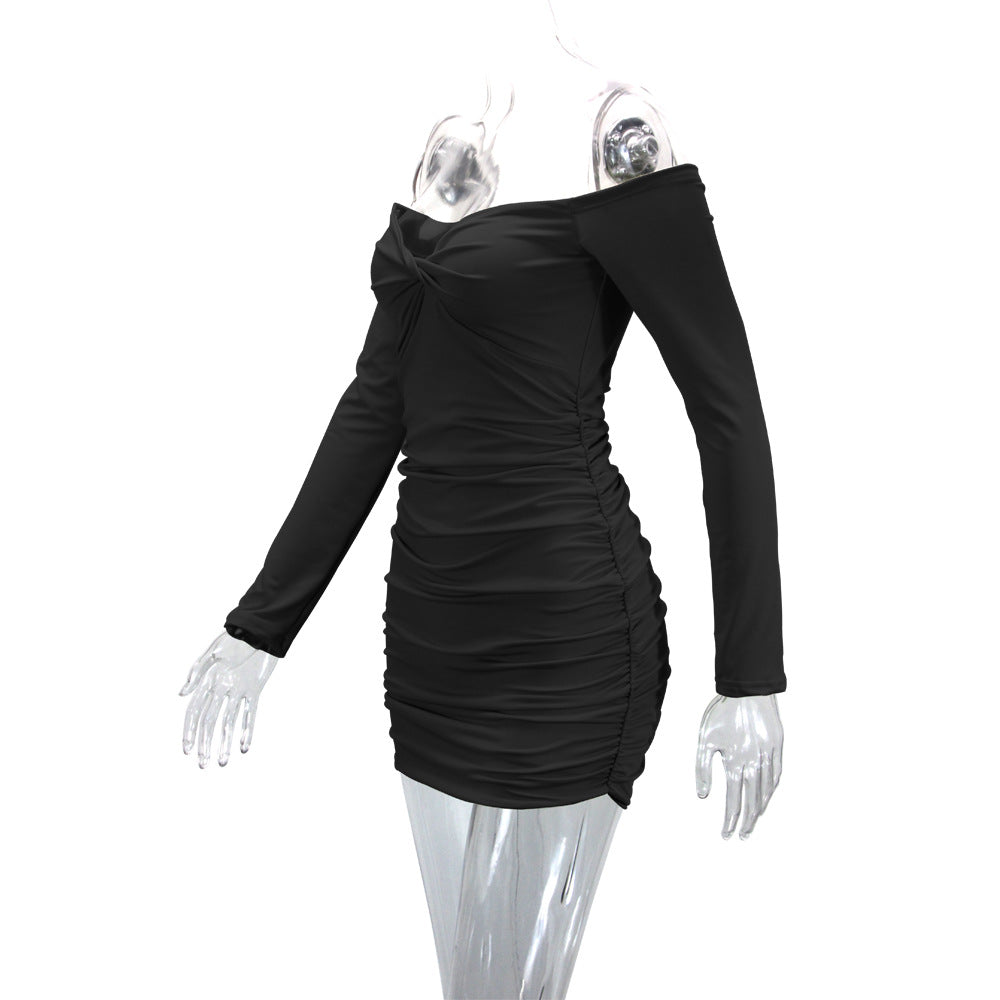 Women's clothing European and American sexy pleated off-neck long sleeve ladies dress