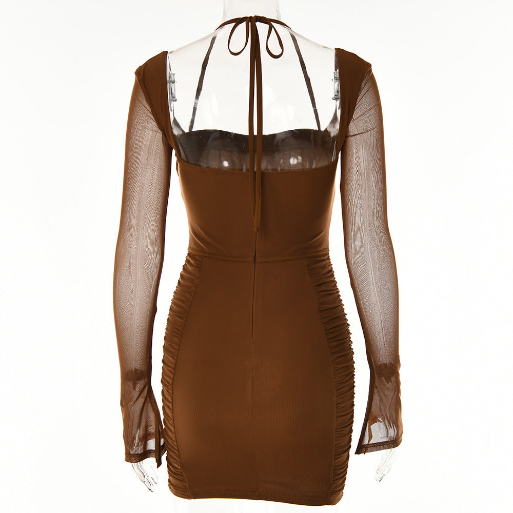 Sexy low-cut tight-fitting dress autumn long sleeve halter backless hip dresses for women