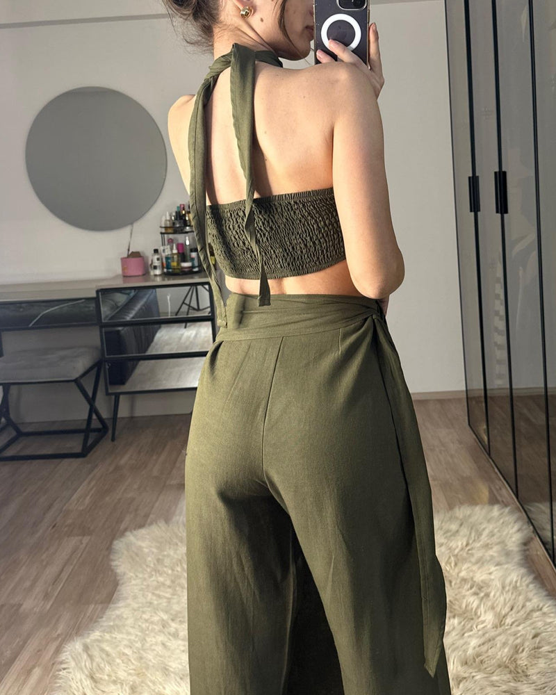 Fashion Lace-Up Top & Lace-Up Pants Two-Piece Set