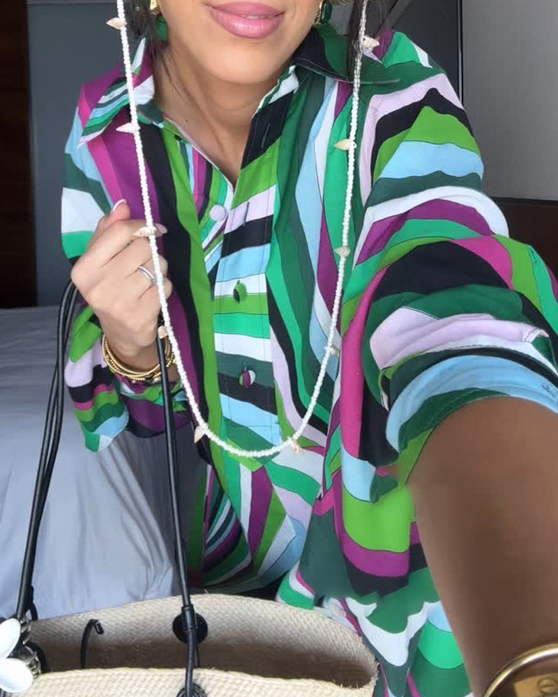 Fashion Holiday Lapel Printed Shirt Dress